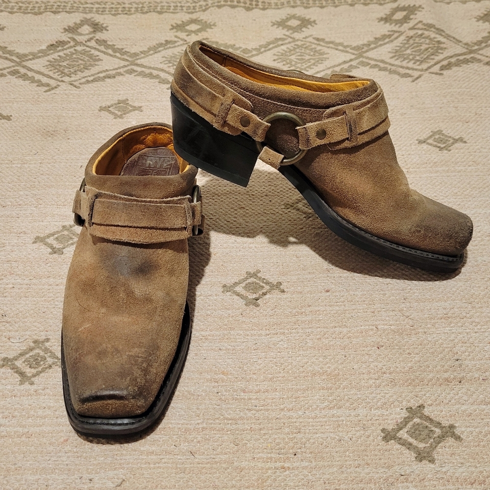 Frye Tan Leather Mules with Buckle Detail